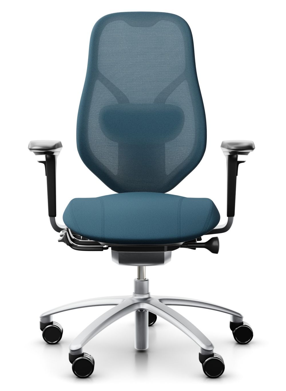 Moderner ergonomischer Bürostuhl mit Mesh-Rückenlehne in Blau und verstellbaren Armlehnen, ideal für gesundes Sitzen.