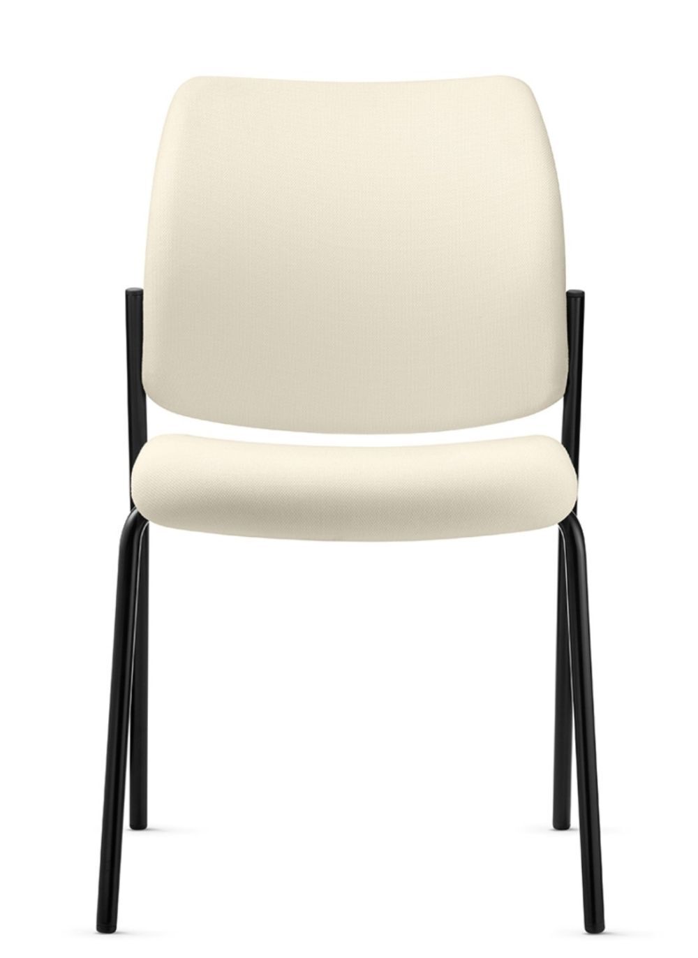 Ergonomischer Stuhl mit weißem Stoffpolster und schwarzem Metallgestell, ideal für gesundes Sitzen im Büro.