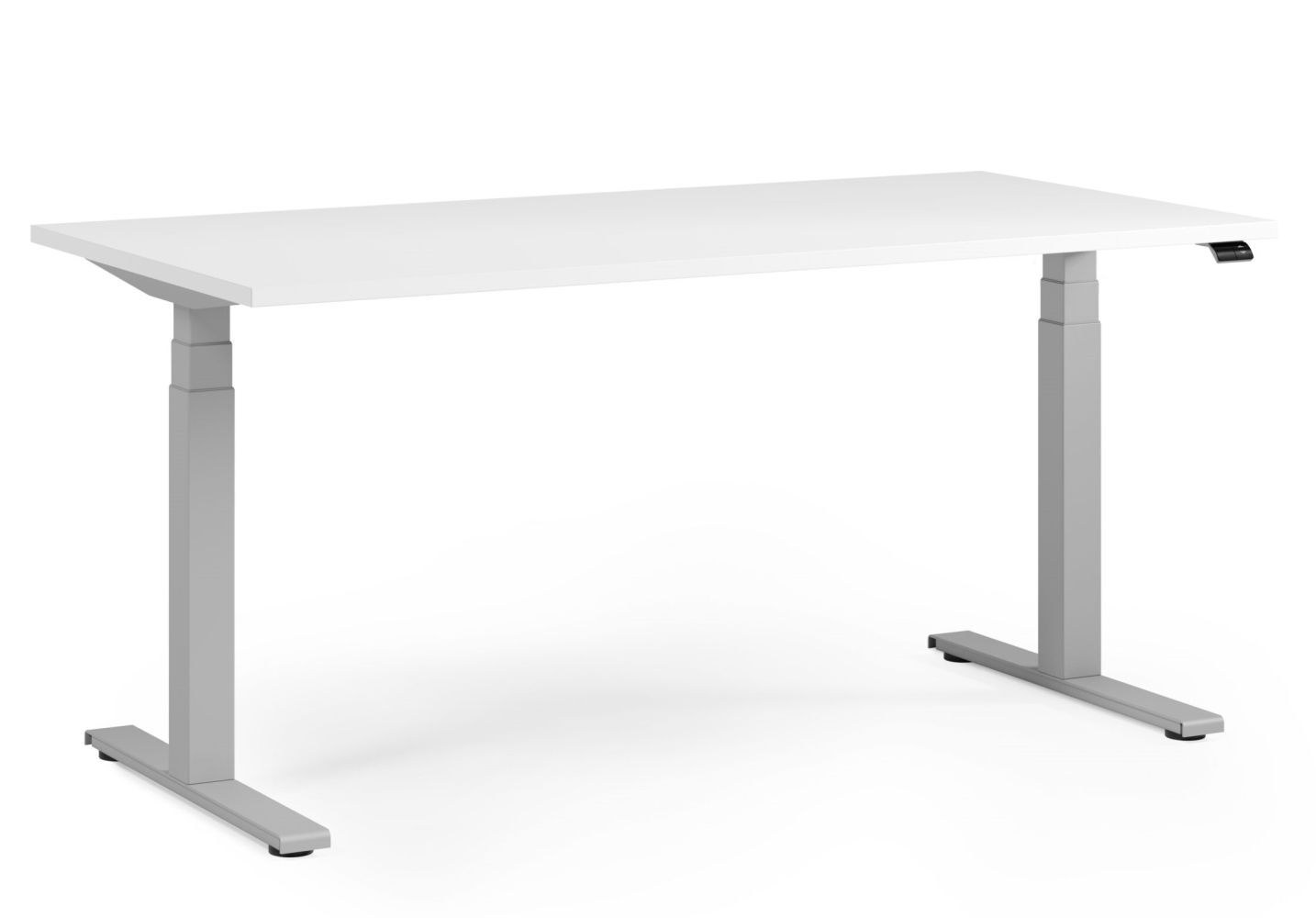 Weißer, höhenverstellbarer Schreibtisch mit grauen Metallbeinen für ergonomisches Arbeiten im Büro oder Homeoffice.