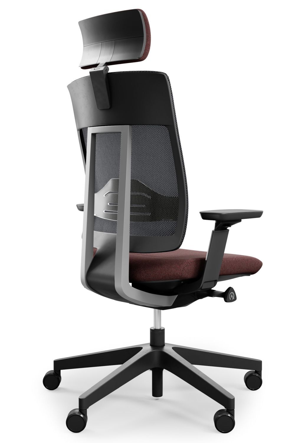 Ergonomischer Bürostuhl mit Netzrückenlehne und verstellbarer Kopfstütze, ideal für gesundes und dynamisches Sitzen.