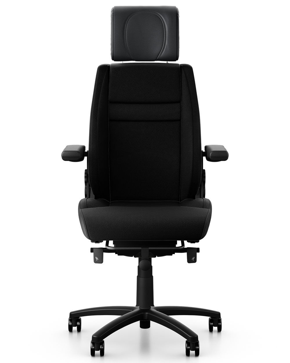 Ergonomischer schwarzer Bürostuhl mit Kopfstütze und Armlehnen, ideal für dynamisches Sitzen im Büro.