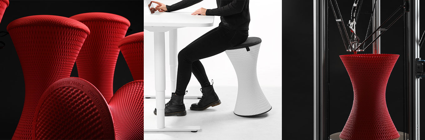 Drei Bilder von ergonomischen Hockern in Rot und Weiß, moderne Designs für flexibles Sitzen.