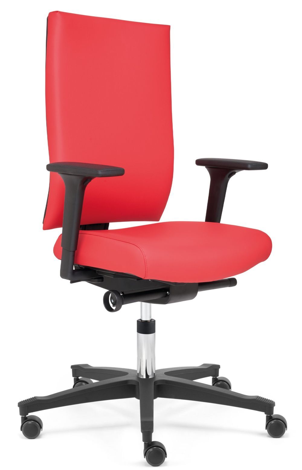 Roter ergonomischer Bürostuhl mit verstellbaren Armlehnen und drehbarem Fußkreuz auf Rollen.