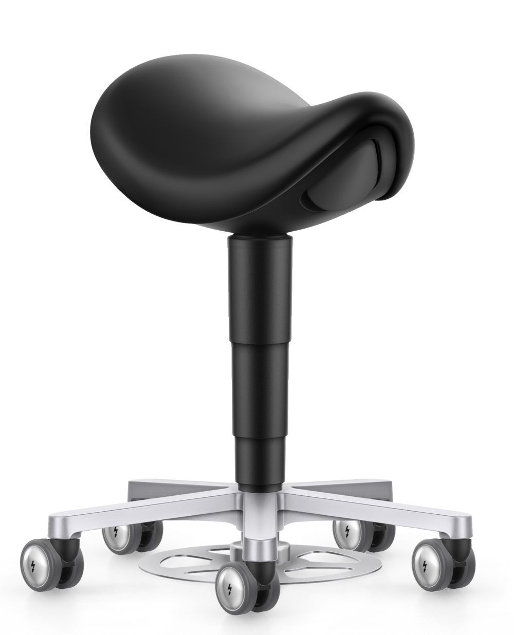 Ergonomischer Hocker mit schwarzem Sattelsitz und höhenverstellbarer Aluminium-Basis auf Rollen.