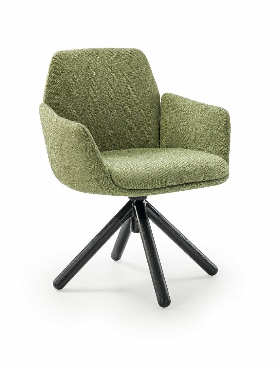 Grüner ergonomischer Bürostuhl mit Armlehnen und schwarzen Holzbeinen, ideal für dynamisches Sitzen im Büro.