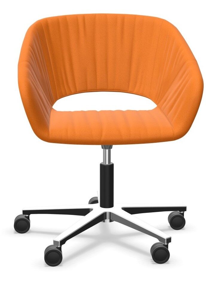 Moderner ergonomischer Bürostuhl in Orange mit verchromtem Fuß und Rollen für dynamisches Sitzen.