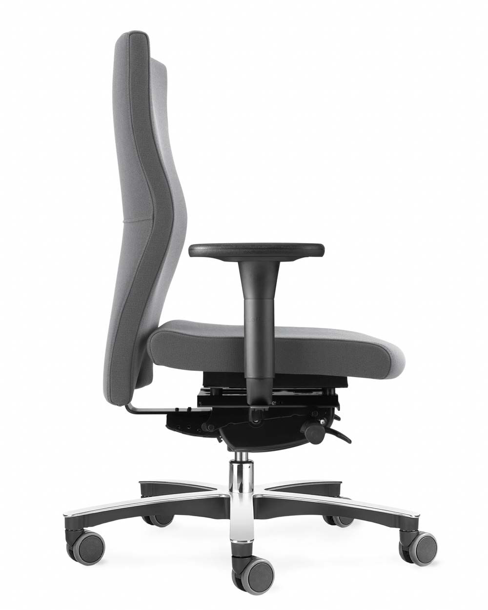 Moderner ergonomischer Bürostuhl in Seitenansicht, grau mit höhenverstellbarer Armlehne und Rollenfuß.