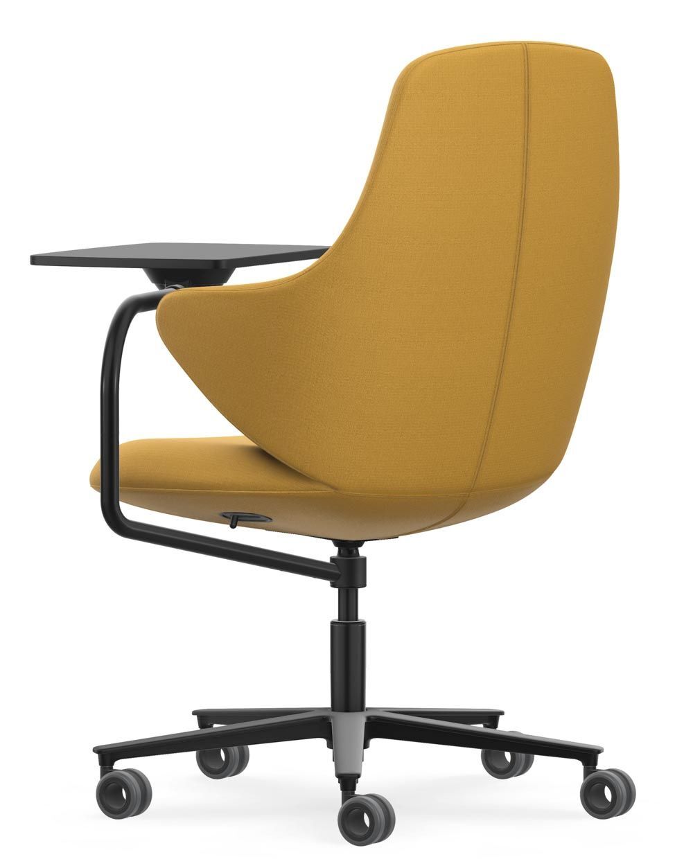 Eleganter ergonomischer Gelbstuhl mit schwarzem Drehgestell und integrierter Arbeitsfläche, ideal für dynamisches Sitzen.