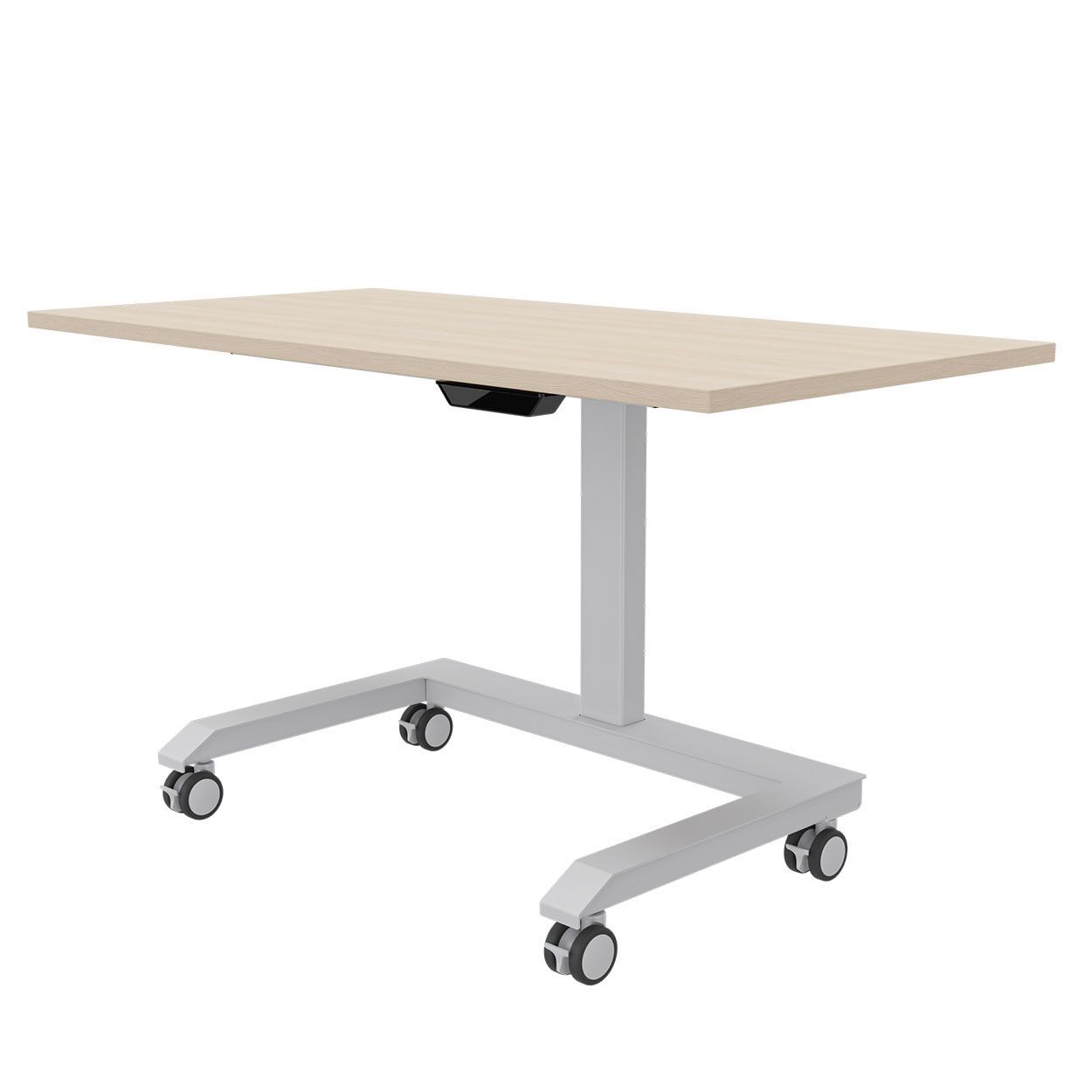 Moderner höhenverstellbarer Tisch auf Rollen mit heller Holzoberfläche und stabilem Metallgestell.