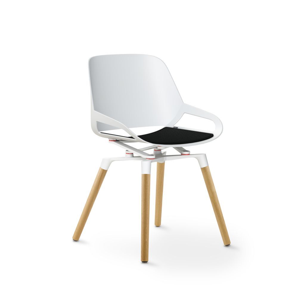 Moderner ergonomischer Stuhl mit weißer Lehne, schwarzem Sitzpolster und Holzbeinen, ideal für das Büro.