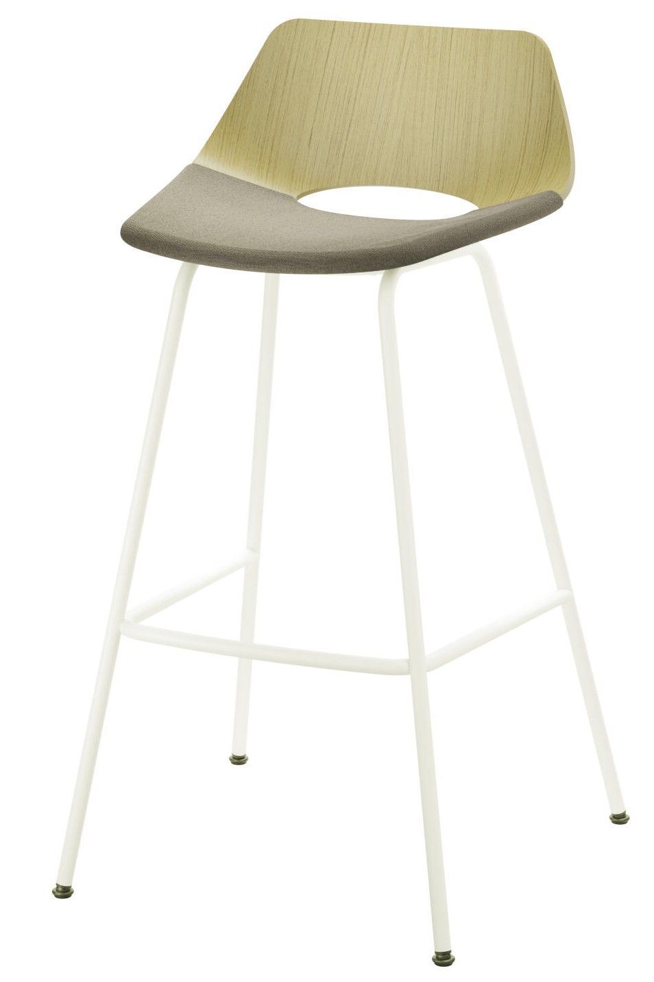 Moderner Barhocker mit hellem Holzsitz, gepolsterter Grauauflage und weißem Metallgestell.