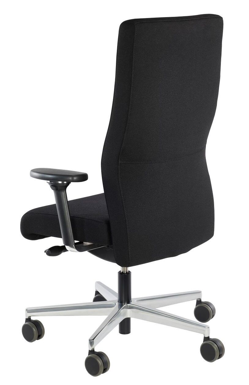 Ergonomischer Bürostuhl in Schwarz mit verstellbaren Armlehnen und Rollen, fördert dynamisches Sitzen.