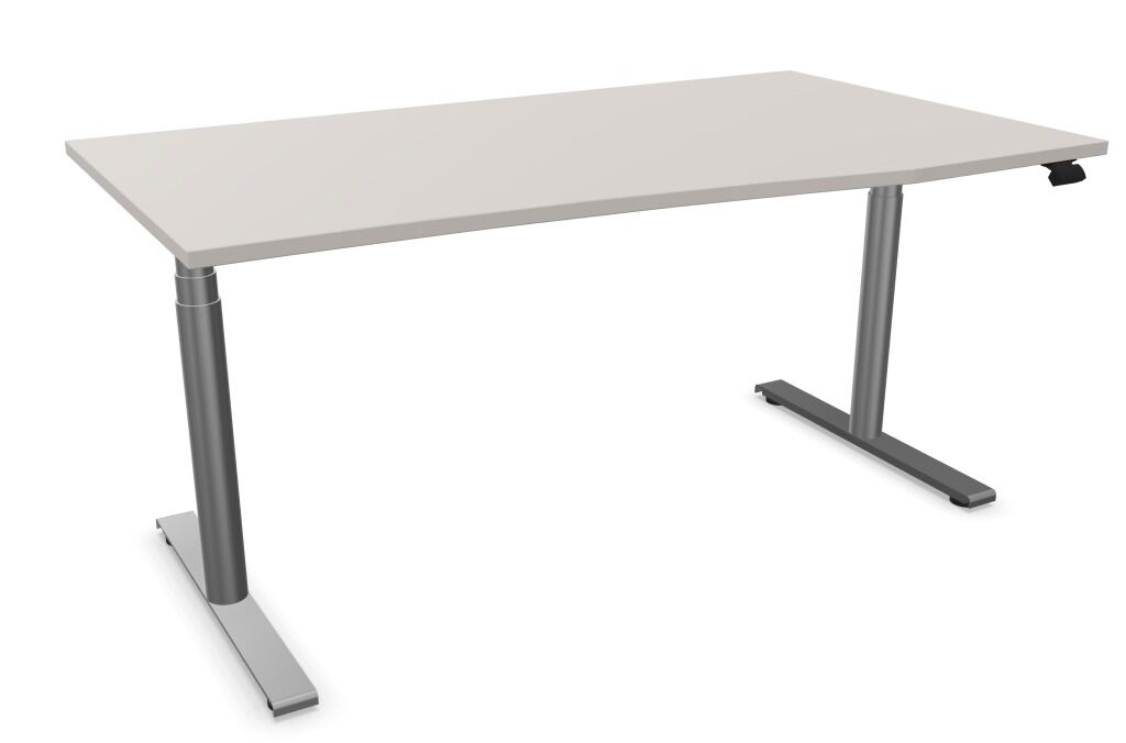 Höhenverstellbarer Schreibtisch mit grauem Gestell und heller Tischplatte, ideal für ergonomisches Arbeiten.