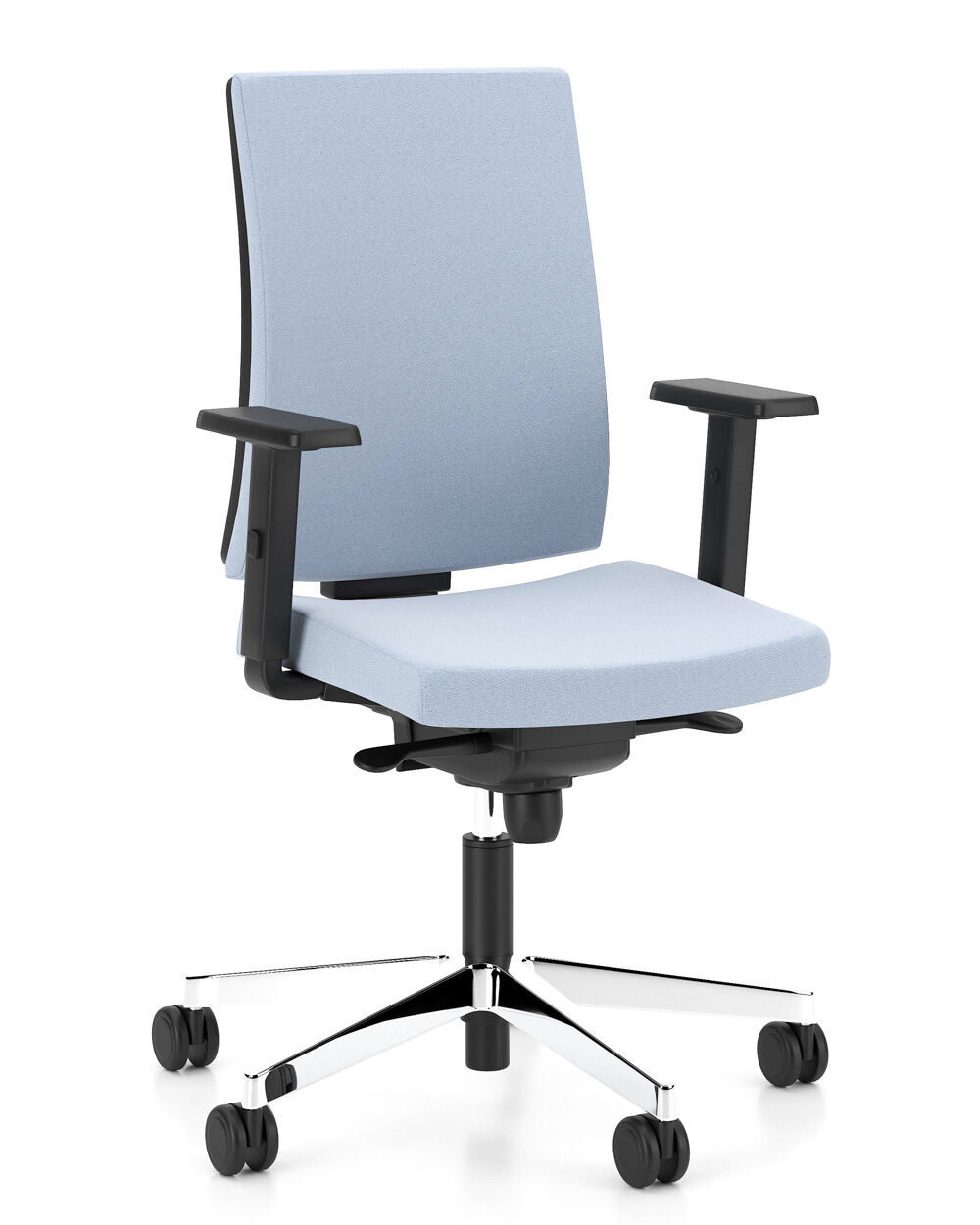 Ergonomischer Bürostuhl in Hellblau mit verstellbaren Armlehnen, fünf Rollen und hoher Rückenlehne für dynamisches Sitzen.