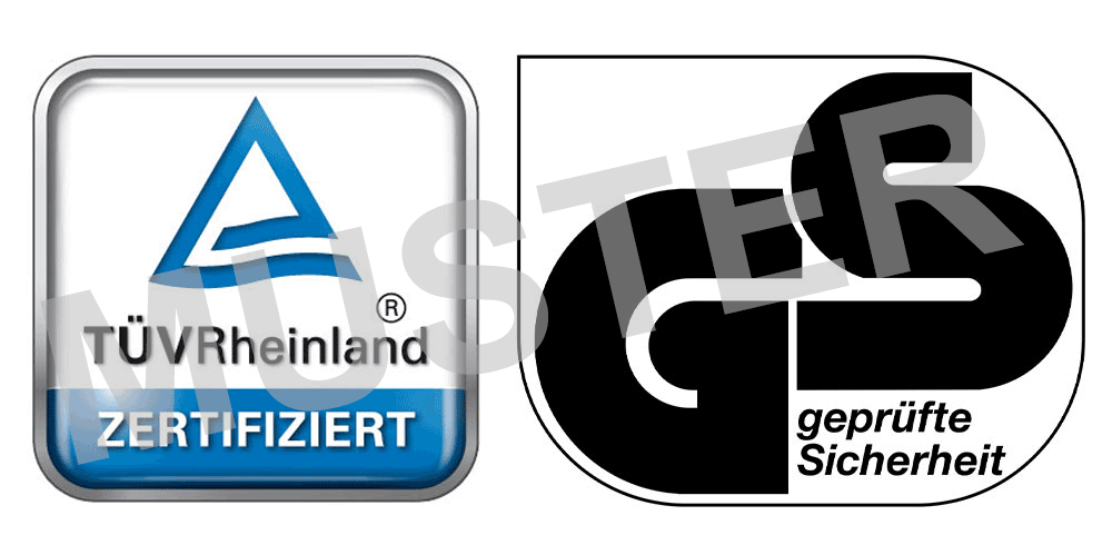 TÜV Rheinland zertifiziertes Zeichen und GS geprüfte Sicherheit Logo, unterlegt mit dem Wasserzeichen "Muster".