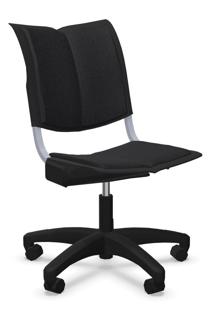 Ergonomischer schwarzer Bürostuhl mit konturierter Rückenlehne und verstellbarem Sitz auf Rollen für dynamisches Sitzen.