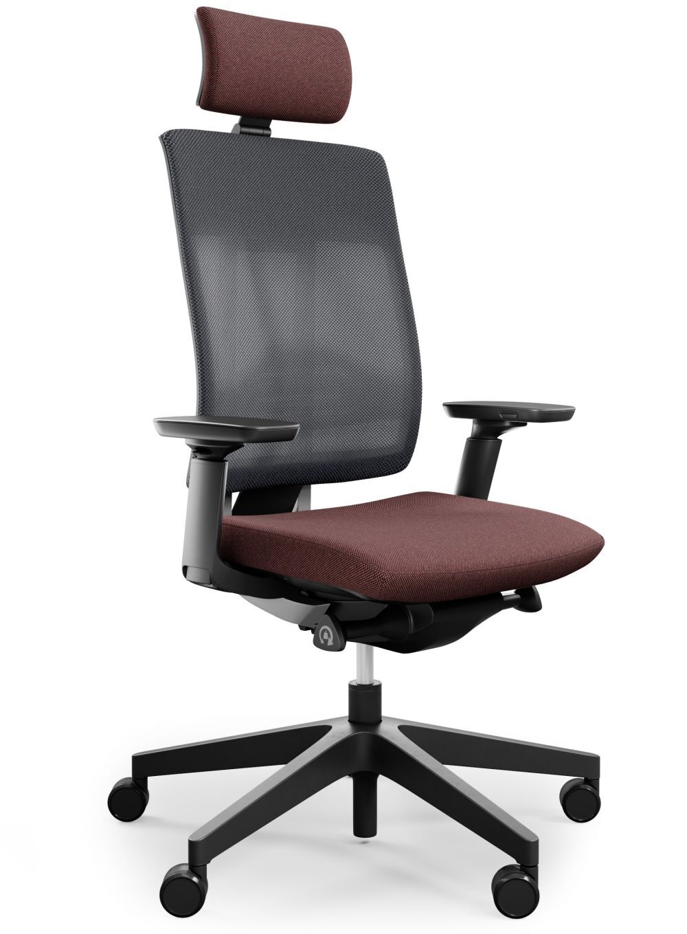 Ergonomischer Bürostuhl mit burgunderfarbenem Sitz, Kopfstütze und Netzrückenlehne auf fünf Rollen für dynamisches Sitzen.