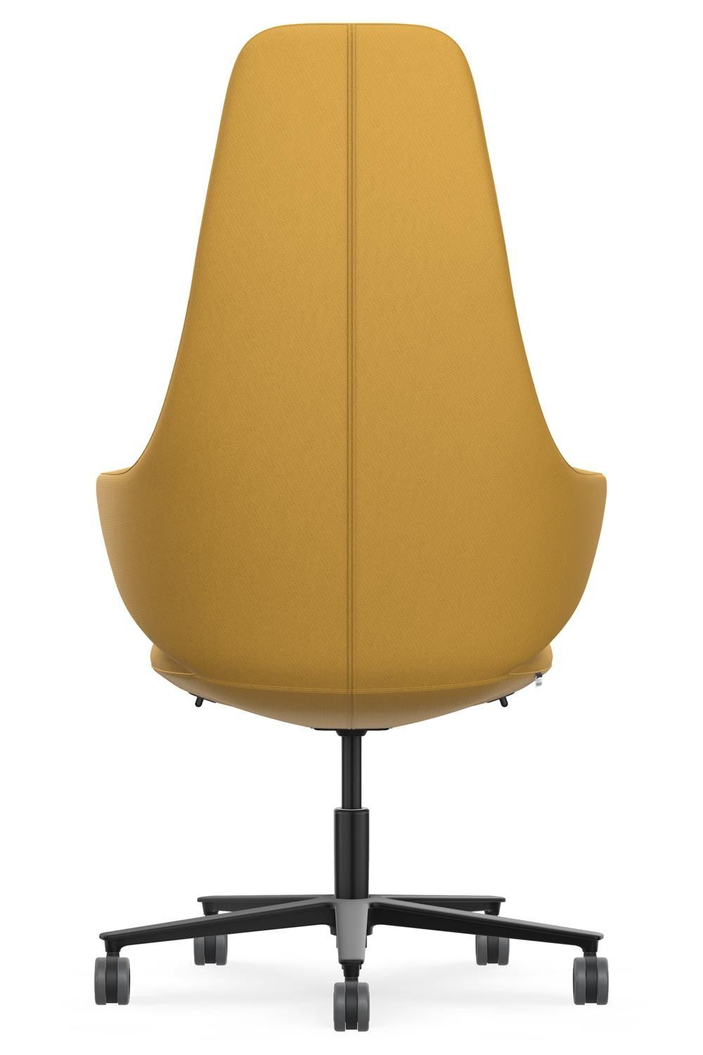 Rückansicht eines ergonomischen, senffarbenen Bürostuhls mit geschwungenem Design und schwarzen Rollen.