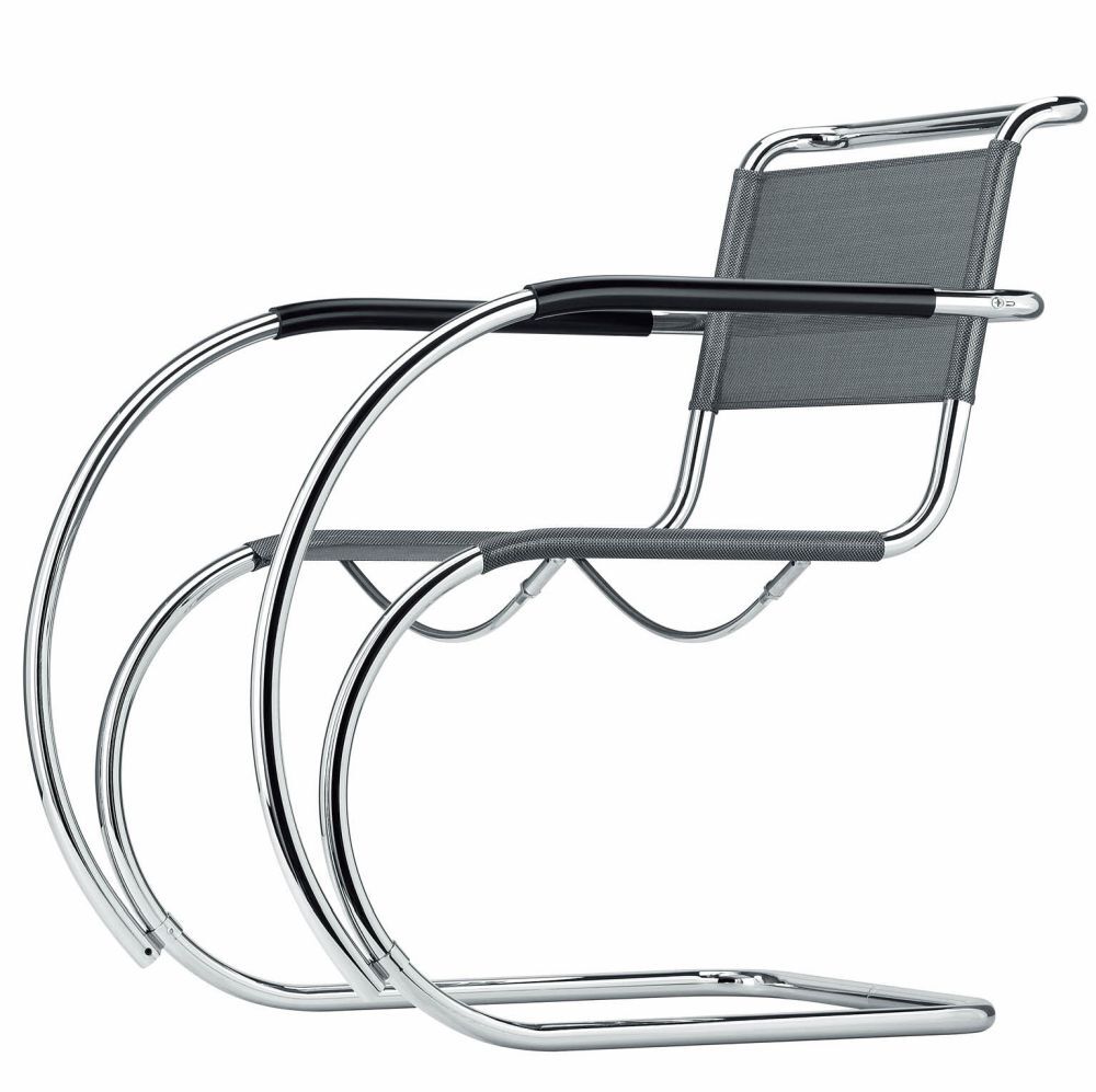 Modernes, ergonomisches Freischwinger-Bürostuhl mit verchromtem Rahmen und grauer Netzbespannung, ideal für dynamisches Sitzen.