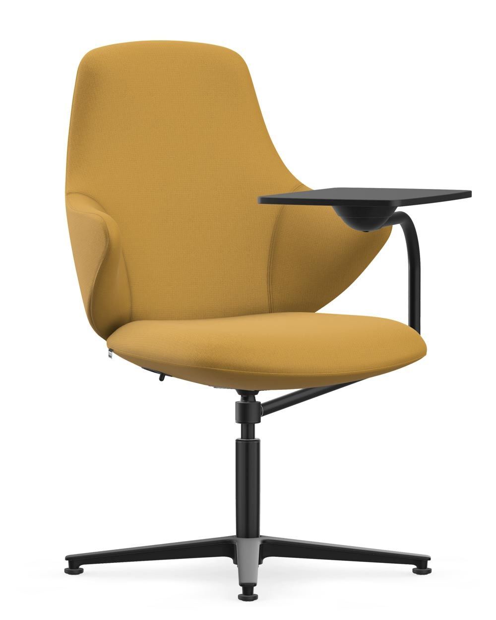 Moderner gelber Bürostuhl mit ergonomischem Design und integriertem Schreibtisch-Tablet auf schwarzem Drehgestell.