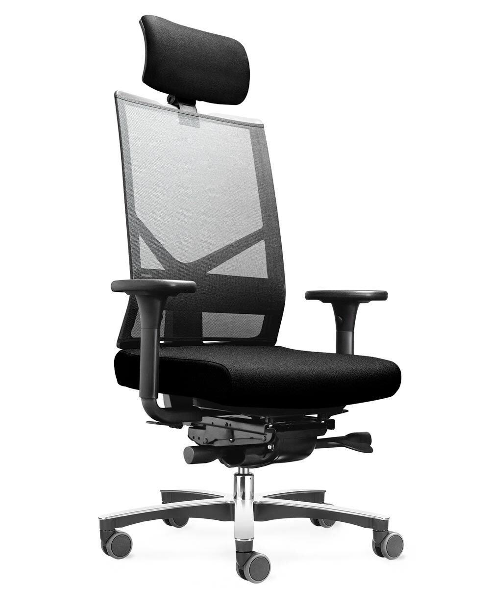 Ergonomischer Bürostuhl mit Netzrückenlehne, verstellbarer Kopfstütze und Armlehnen, ideal für gesundes, dynamisches Sitzen.