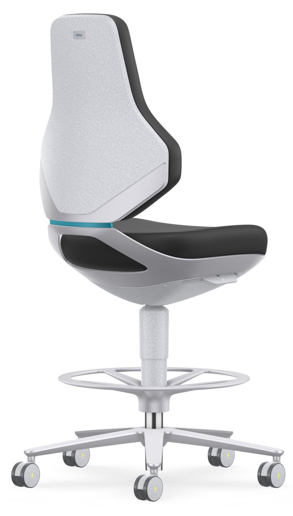 Moderner ergonomischer Bürostuhl mit weißer Rückenlehne und schwarzen Details, auf Rollen und höhenverstellbar.