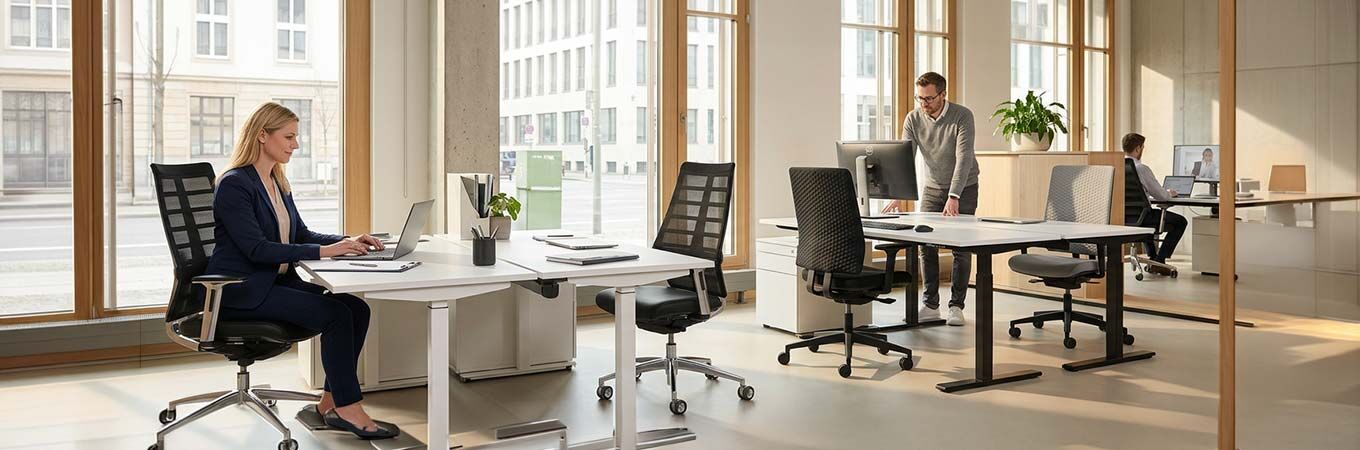 Modernes Büro mit ergonomischen Stühlen und Personen an Schreibtischen, die hellen Fenster bieten Ausblick auf Straßen.