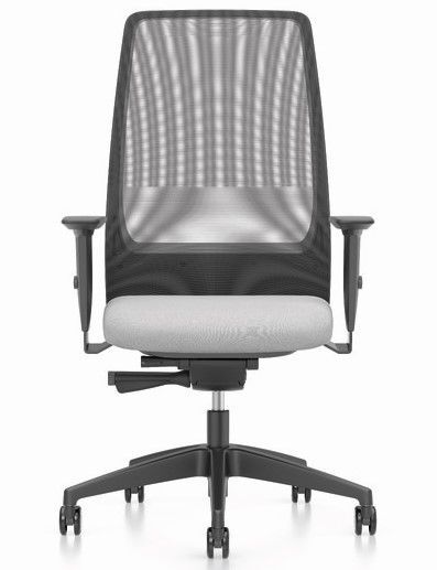 Moderner ergonomischer Bürostuhl mit Netzrückenlehne und gepolstertem Sitz auf einem schwarzen Drehgestell.