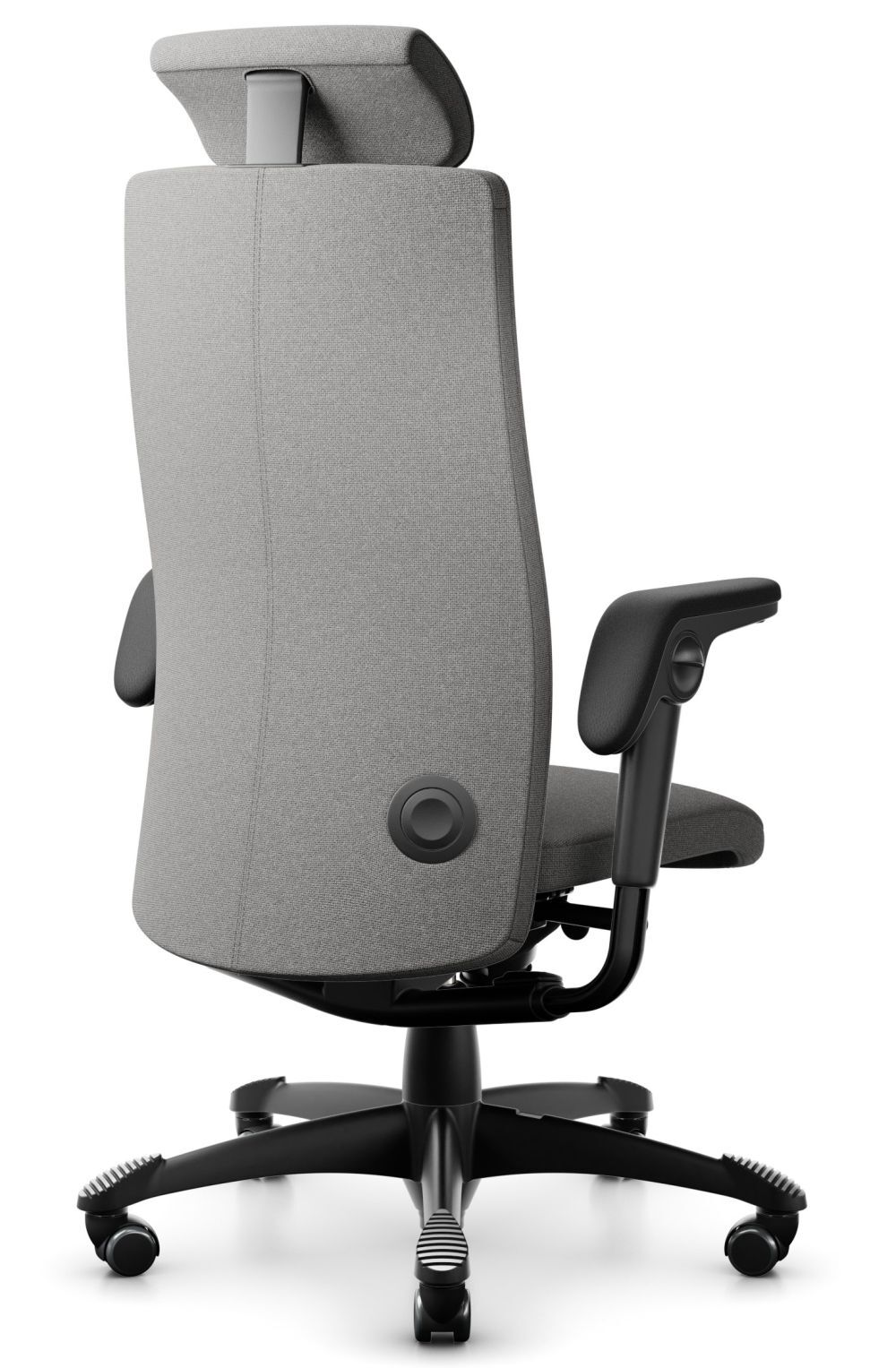 Grauer ergonomischer Bürostuhl mit verstellbarer Kopfstütze, Lendenwirbelstütze und fünffüßigem Drehkreuz für dynamisches Sitzen.