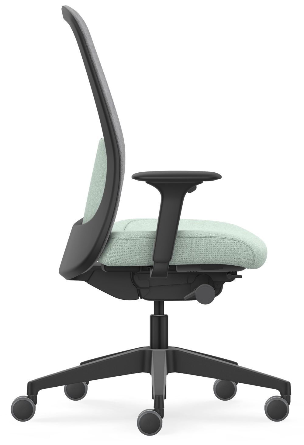 Ergonomischer Bürostuhl mit gepolstertem Sitz, höhenverstellbaren Armlehnen und Rollen, Seitenansicht auf weißem Hintergrund.