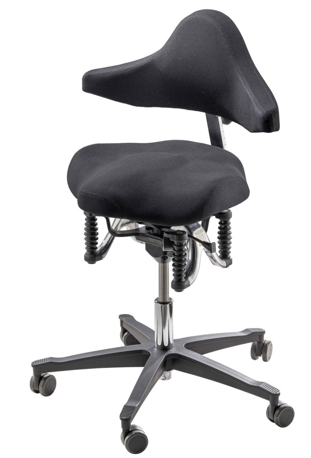 Ergonomischer Bürostuhl mit schwarzem Stoff, Federung und verstellbarem Sitz für dynamisches Sitzen.