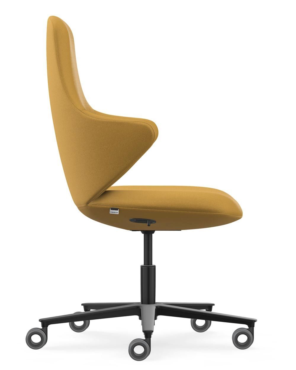 Seitenansicht eines ergonomischen, senfgelben Bürostuhls mit drehbarer Basis und fünf Rollen.