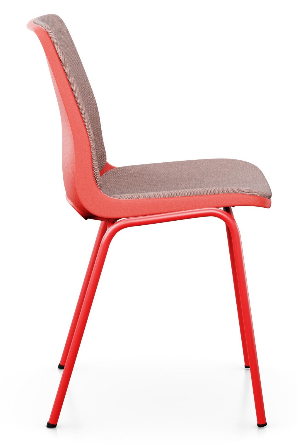 Seitliche Ansicht eines roten ergonomischen Stuhls mit gepolstertem Sitz, ideal für dynamisches Sitzen.