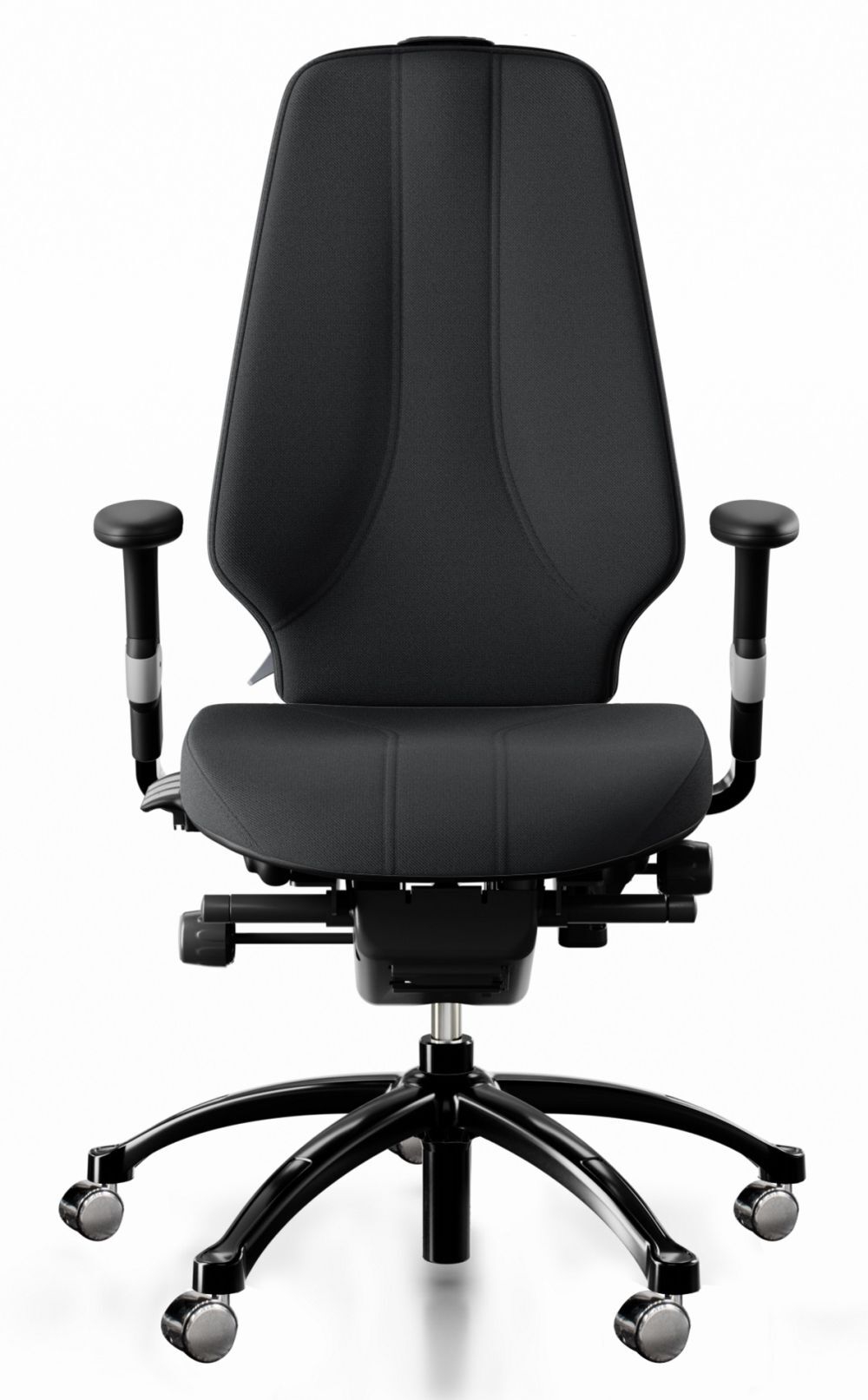 Ergonomischer Bürostuhl in Schwarz mit Armlehnen und verstellbarem Sitz, ideal für dynamisches Sitzen.