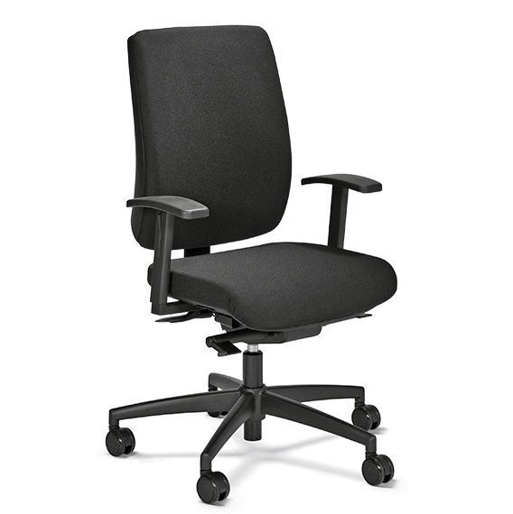 Schwarzer ergonomischer Bürostuhl mit Armlehnen und Rollen, ideal für dynamisches Sitzen im Büro oder Homeoffice.