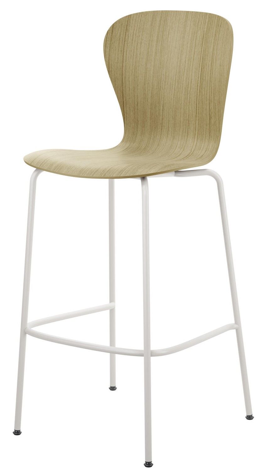 Moderner Barhocker mit hellem Holzsitz und weißen Metallbeinen, ideal für ergonomisches Sitzen.
