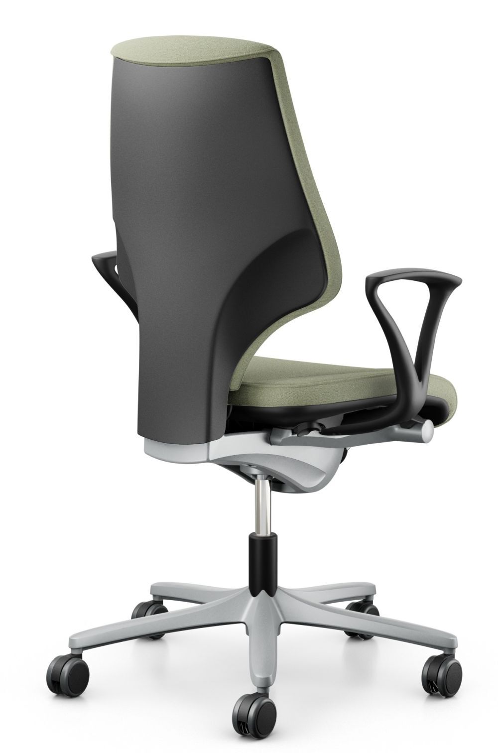 Moderner ergonomischer Bürostuhl, grün und schwarz, mit drehbarem Fuß und Rollen aus Metall.