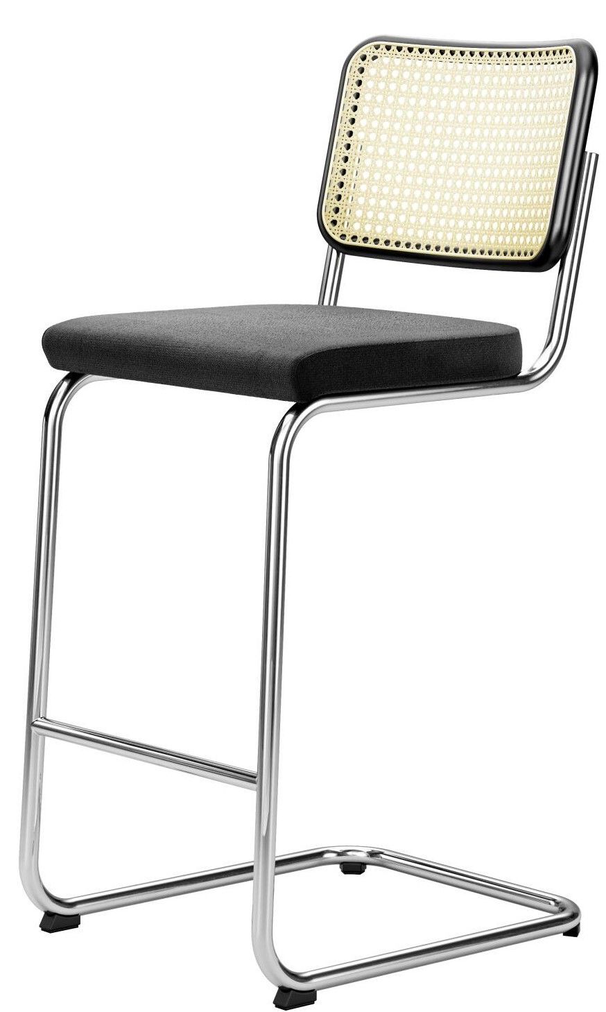 Moderner Barstuhl mit schwarzem Sitzpolster, rohrförmigem Metallgestell und geflochtener Rückenlehne.