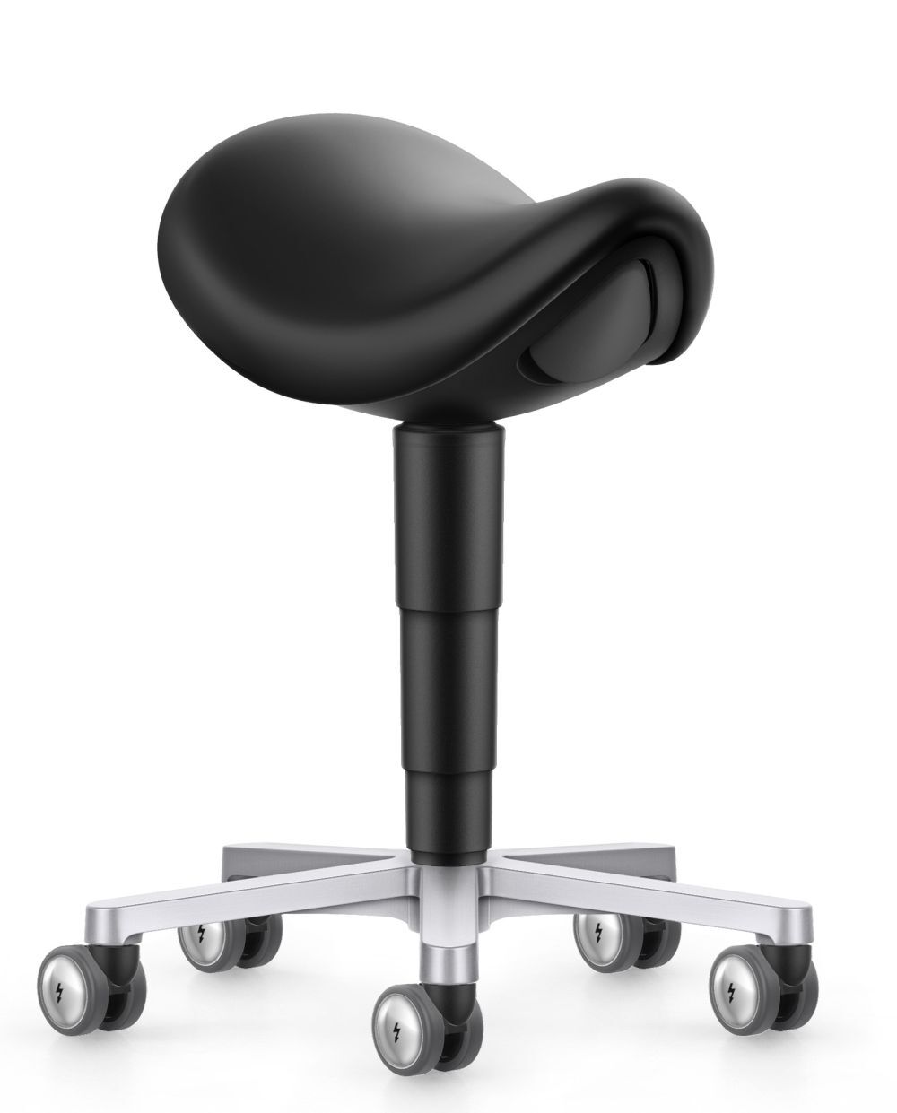 Schwarzer ergonomischer Sattelhocker mit verstellbarer Höhe und rollbaren Füßen für aktives Sitzen.