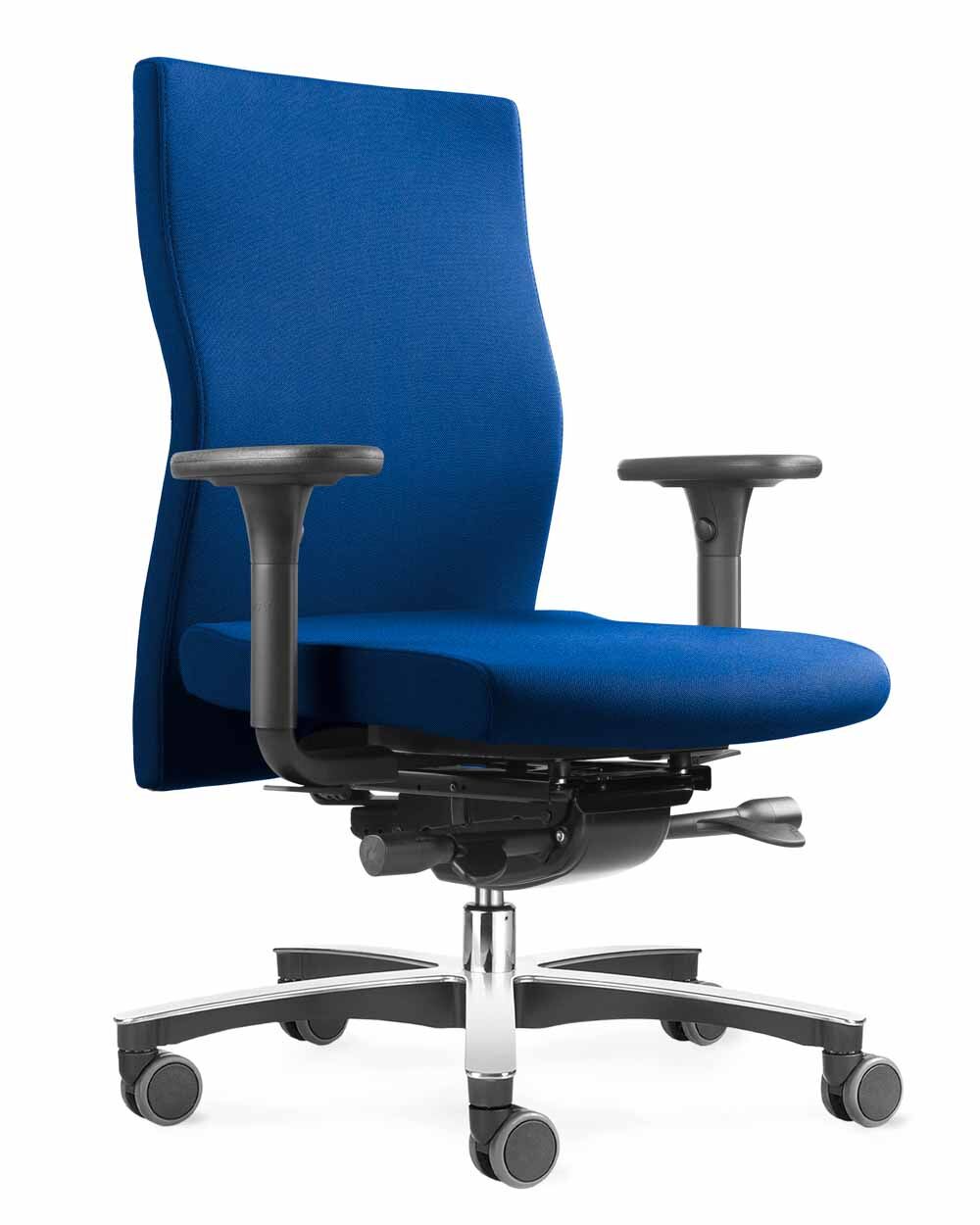 Ergonomischer Bürostuhl in Blau mit verstellbaren Armlehnen und Rollen, ideal für gesundes, bewegtes Sitzen.