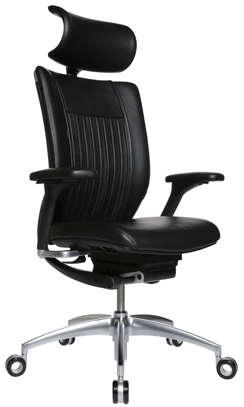 Ergonomischer Lederbürostuhl mit verstellbarer Kopfstütze und Armlehnen, auf silbernem Drehgestell mit Rollen.