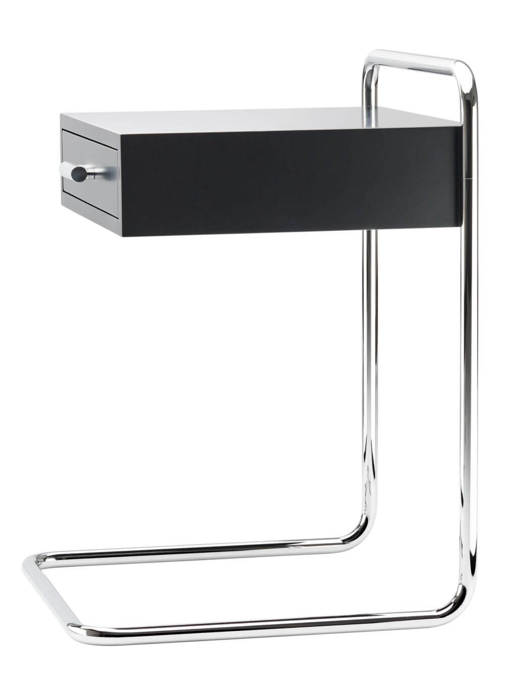 Moderner Beistelltisch mit schwarzer Schublade und verchromtem Gestell, ideal für Haushalts- oder Büronutzung.