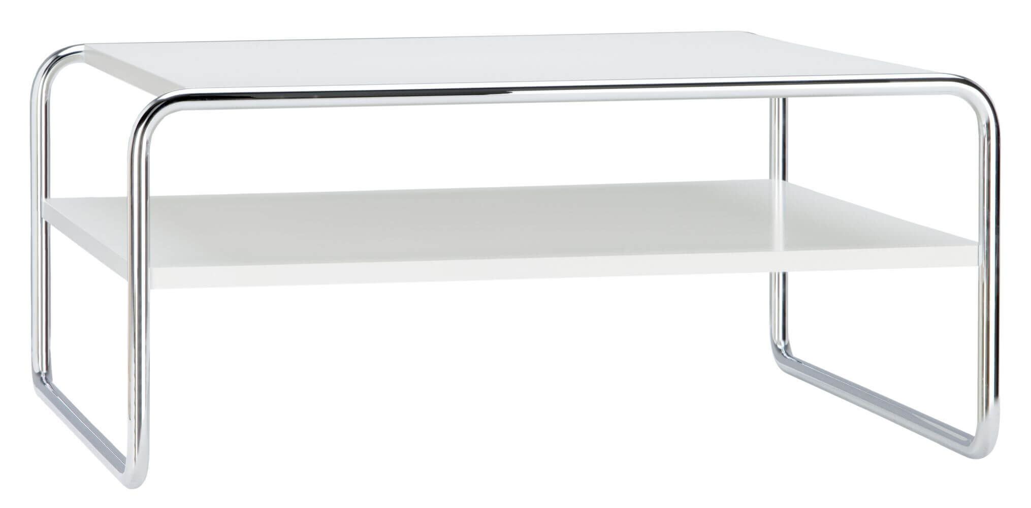 Moderner Couchtisch mit weißer Platte und verchromten Gestell, ideal für stilvolle Büros und Wohnzimmer.