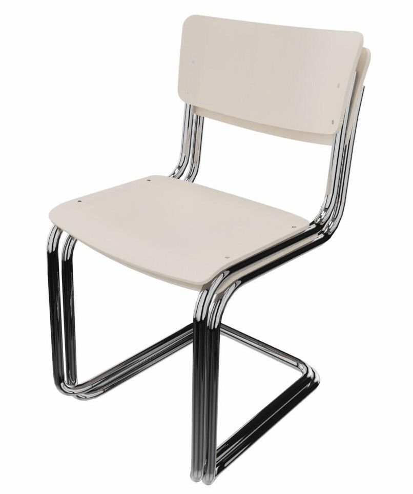 Weißer Stuhl mit geschwungenem, verchromtem Stahlrahmen und ergonomischem Design für dynamisches Sitzen.