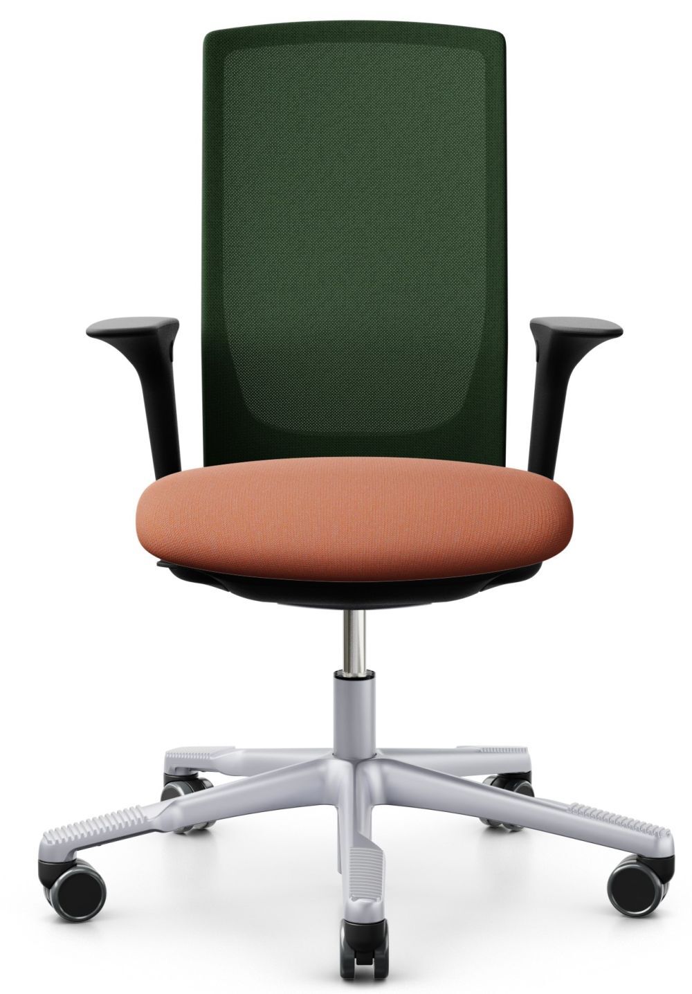 Ergonomischer Bürostuhl mit grünem Netzrücken, orangem Sitzpolster und verstellbaren Armlehnen auf einem Rollengestell.