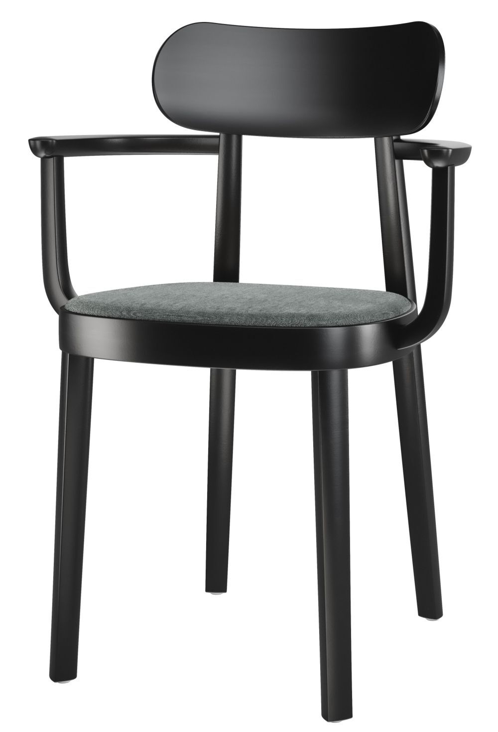 Schwarzer Stuhl mit Armlehnen und gepolsterter Sitzfläche, ideal für ergonomisches Sitzen im Büro.