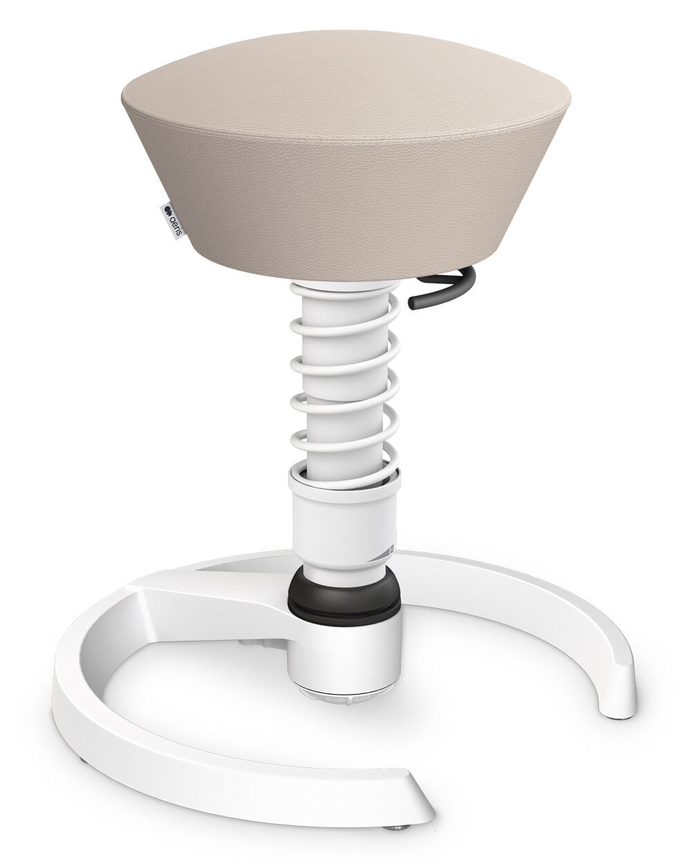 Moderner ergonomischer Hocker mit drehbarem Sitz und Federmechanismus für dynamisches Sitzen im Büro.