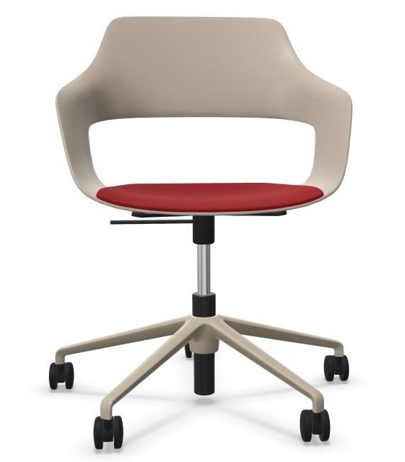 Moderner ergonomischer Bürostuhl mit rotem Sitzpolster und flexibler Rückenlehne auf fünf Rollen.