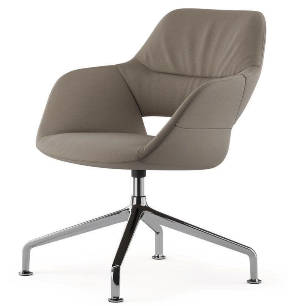 Moderner ergonomischer Bürostuhl mit beigem Stoffbezug und verchromtem Vierfußgestell für dynamisches Sitzen.