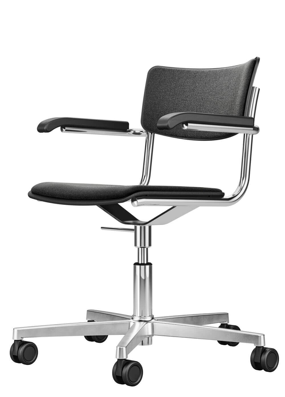 Ergonomischer Bürostuhl mit schwarzen Polstern, verchromtem Gestell und Rollen für dynamisches Sitzen.